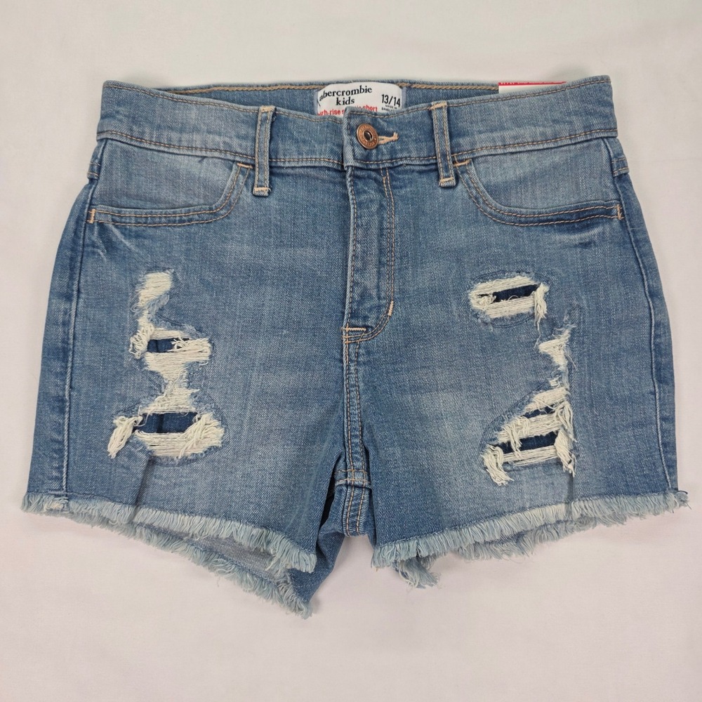 Abercrombie Kids Girls Distressed High-Rise Shortie Denim Shorts Blue Size 13/14